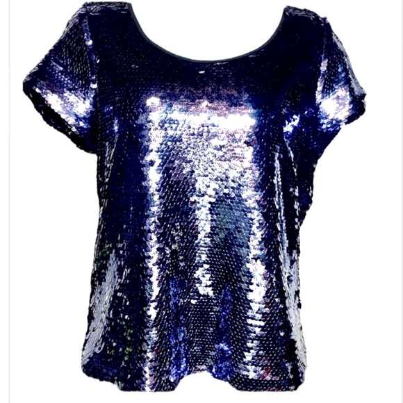 Anthropologie Tops - Anthro Navy Mirror Sequin Scoop Neck Top Blue Shirt Large
